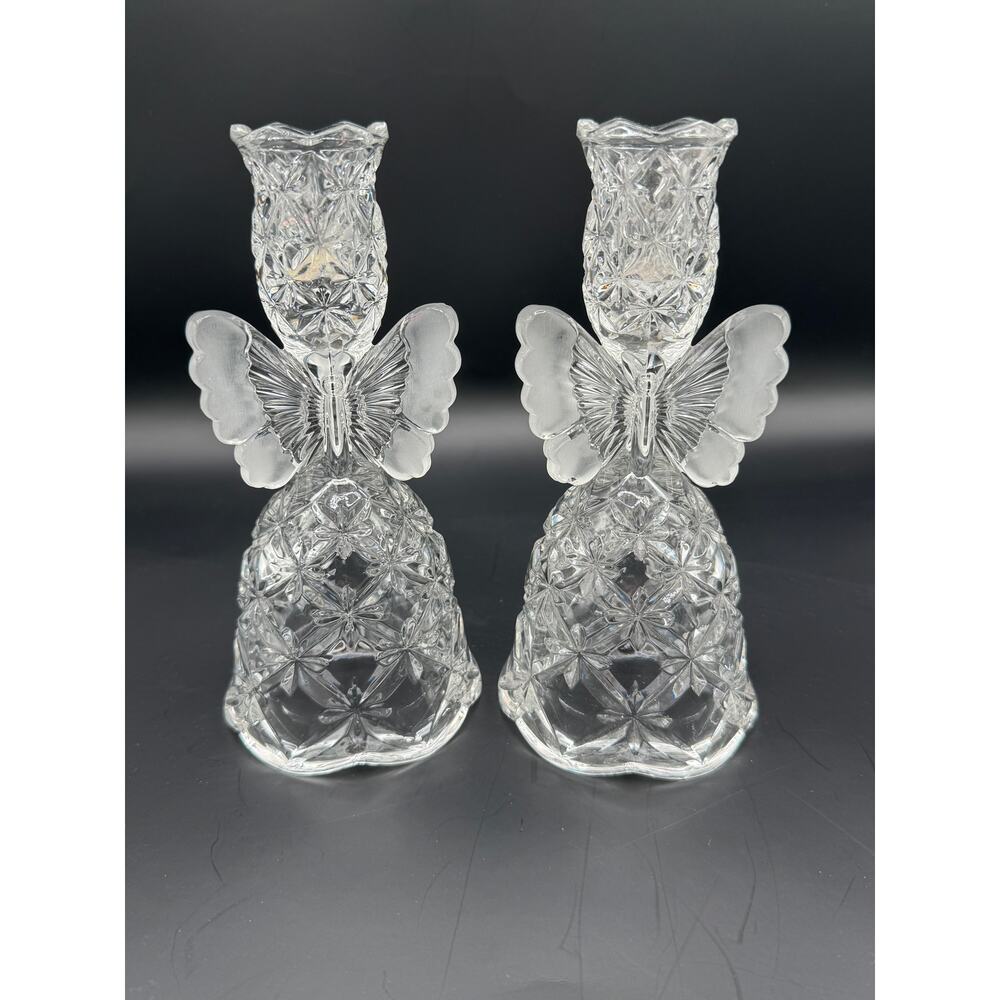 Vintage 1985 Set of 2 Hofbauer Crystal Etched Butterfly Candlestick Holders